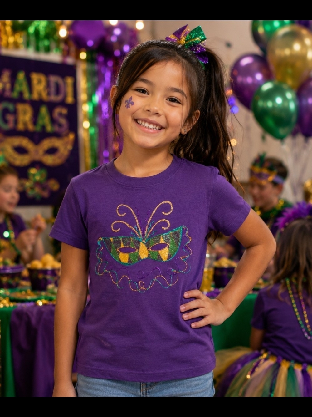 Kids Mardi Gras Handpainted Glitter Mask Graphic T-Shirt Purple Size 6/8 Tee